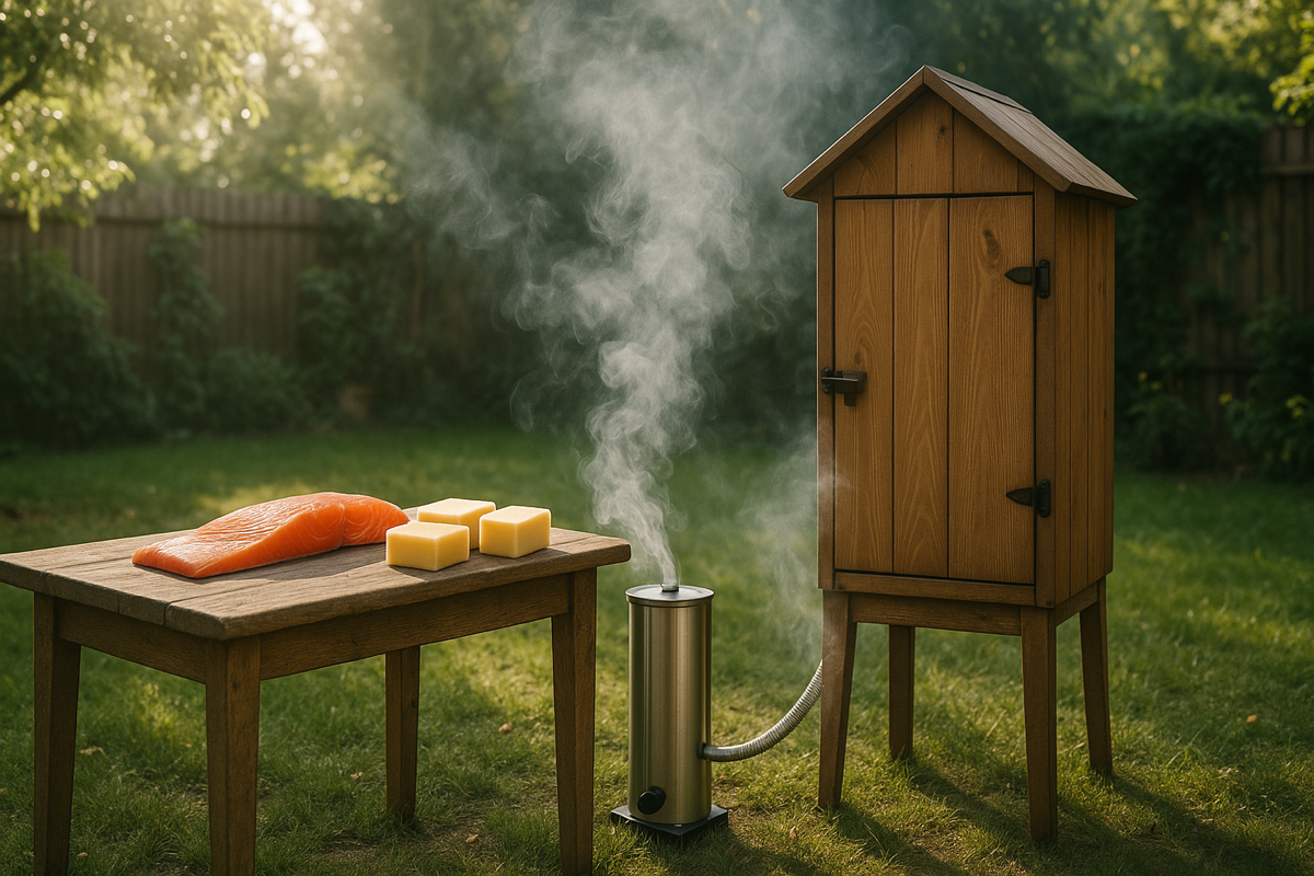 Kylmäsavustusvälineet pihalla: kylmäsavustuskaappi ja generaattori vierekkäin, päällä lohifilee ja juustoa.