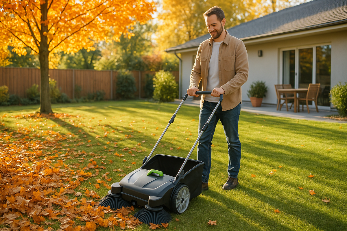 Syksyinen piha, jossa käytetään lehtienkerääjää pitämään nurmikko siistinä.