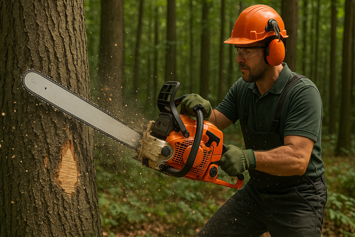 Henkilö sahaa isoa runkoa bensiinikäyttöisellä moottorisahalla, aiheena moottorisaha