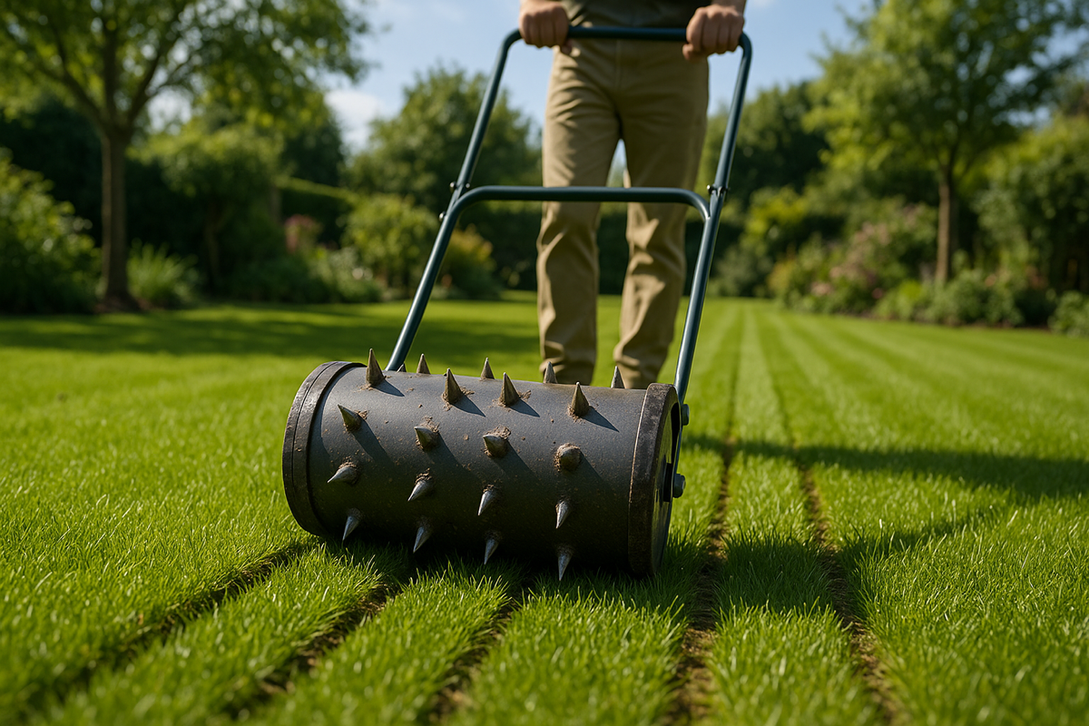 Käsikäyttöinen nurmikon ilmaaja pienessä pihassa käytössä.