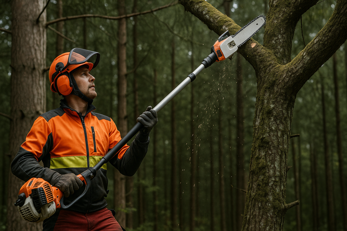 Ammattilainen käyttää bensiinikäyttöistä teleskooppisahaa metsässä, korostaen käyttövoimaa