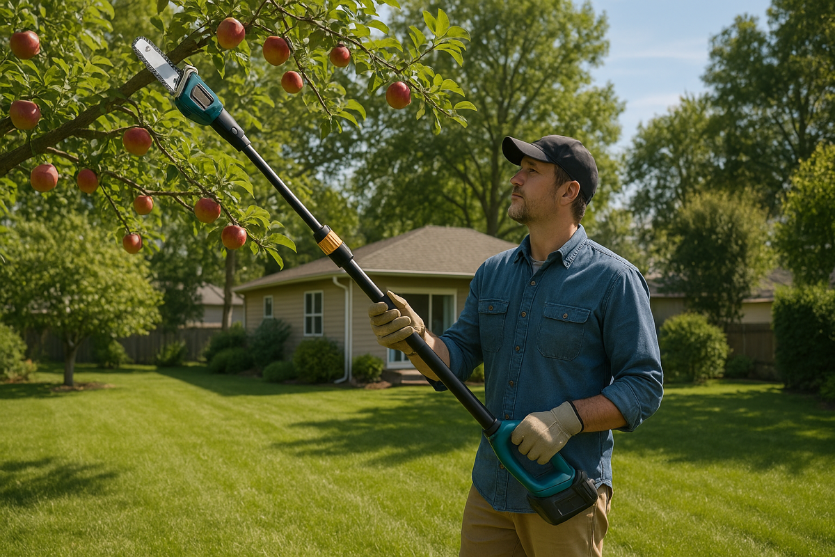 Mies leikkaa omenapuuta akkukäyttöisellä oksasahalla