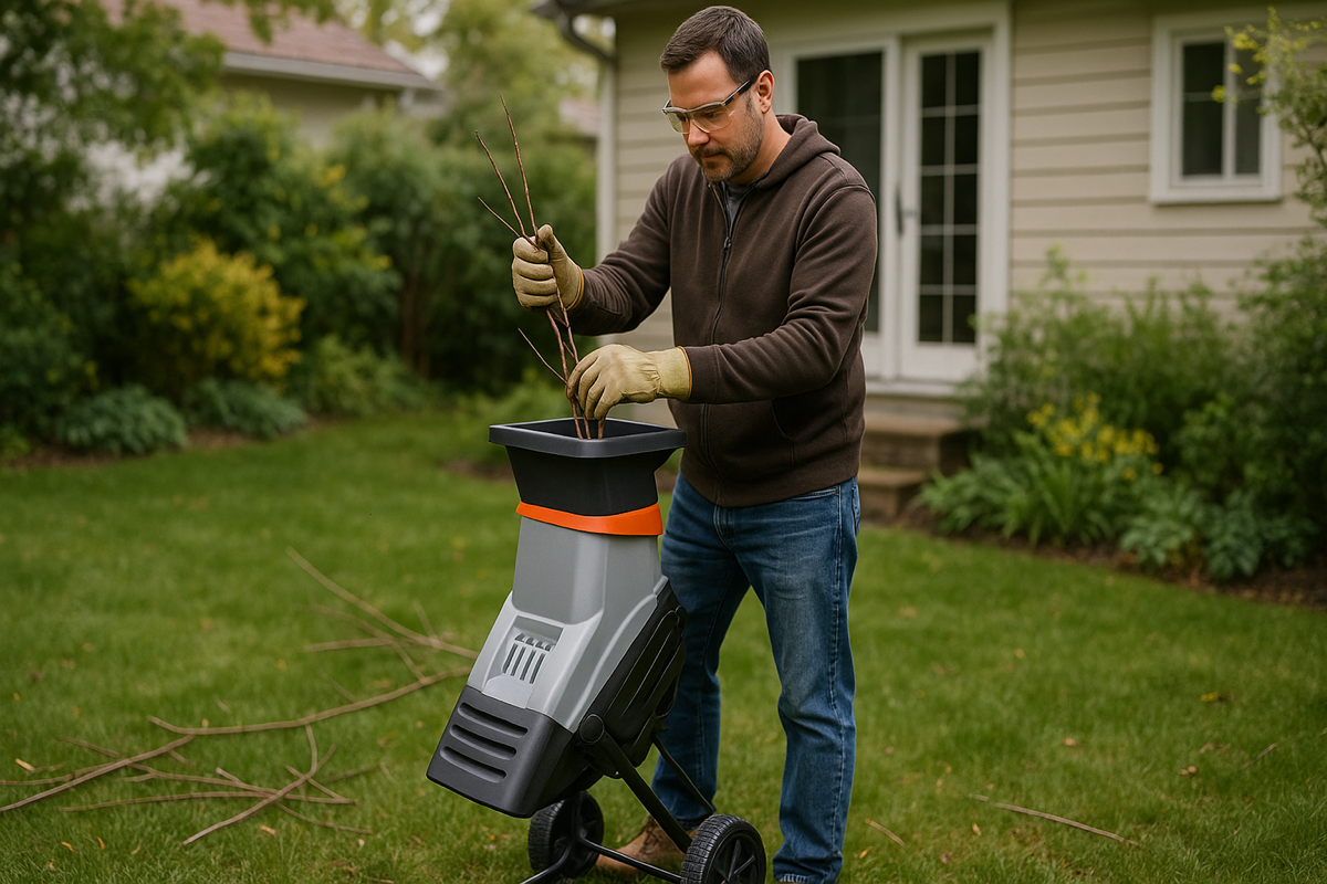 Henkilö käyttää sähköistä oksasilppuria kotipihalla, aiheena oksasilppuri
