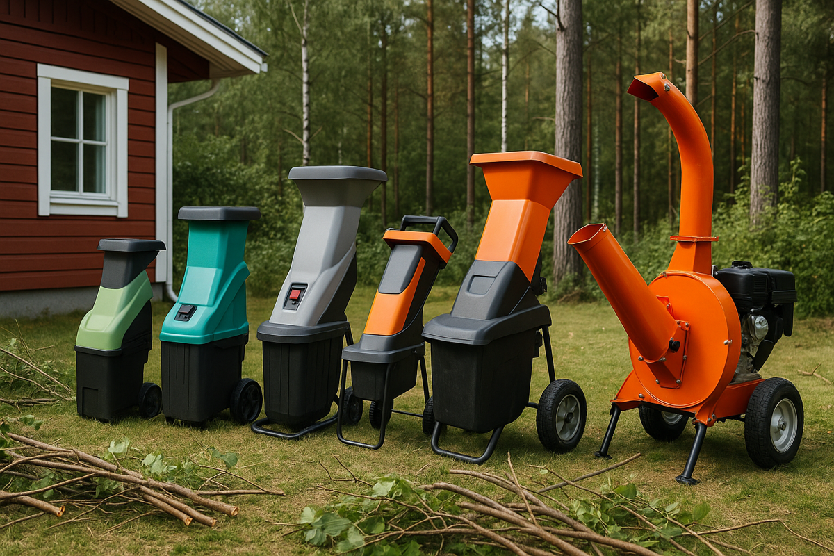 Useita erilaisia oksasilppureita rivissä suomalaisella pihalla, pääaiheena oksasilppuri