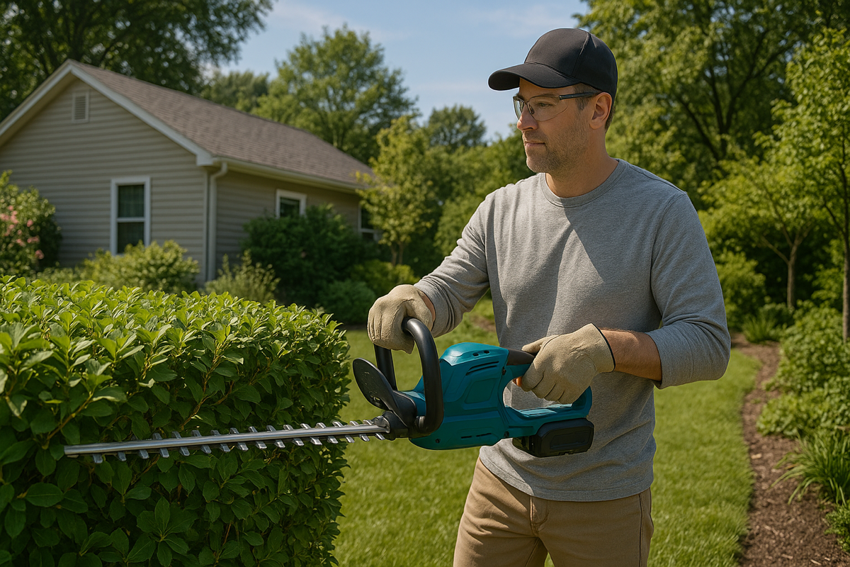 Henkilö käyttää kevyttä akkukäyttöistä pensasleikkuria pihalla, aiheena pensasleikkuri