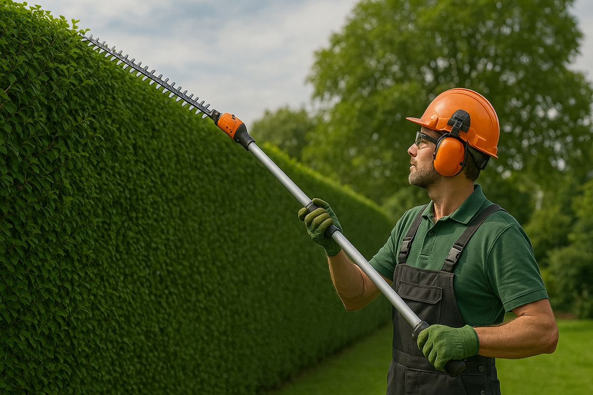 Puutarhuri käyttää teleskooppivartista pensasleikkuria korkean pensasaidan leikkaamiseen, aiheena pensasleikkuri