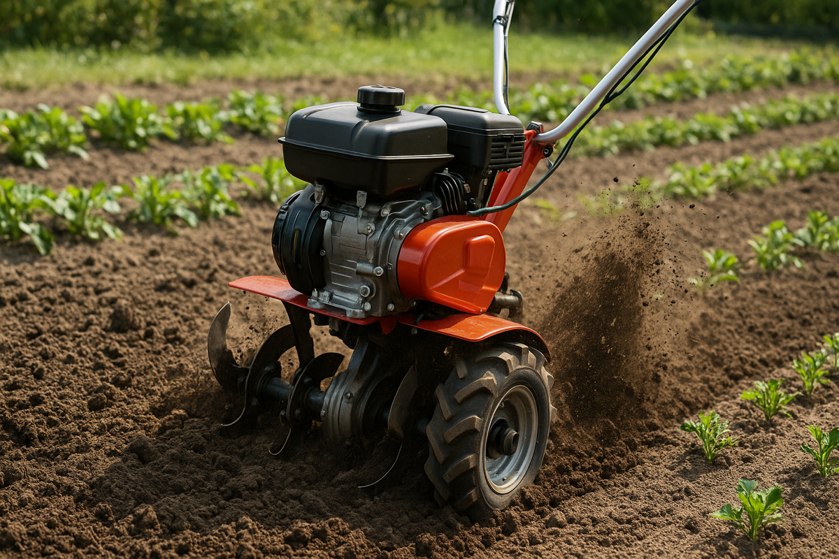 Kolme erilaista puutarhajyrsintä työssä kasvimaalla, pääaiheena puutarhajyrsin
