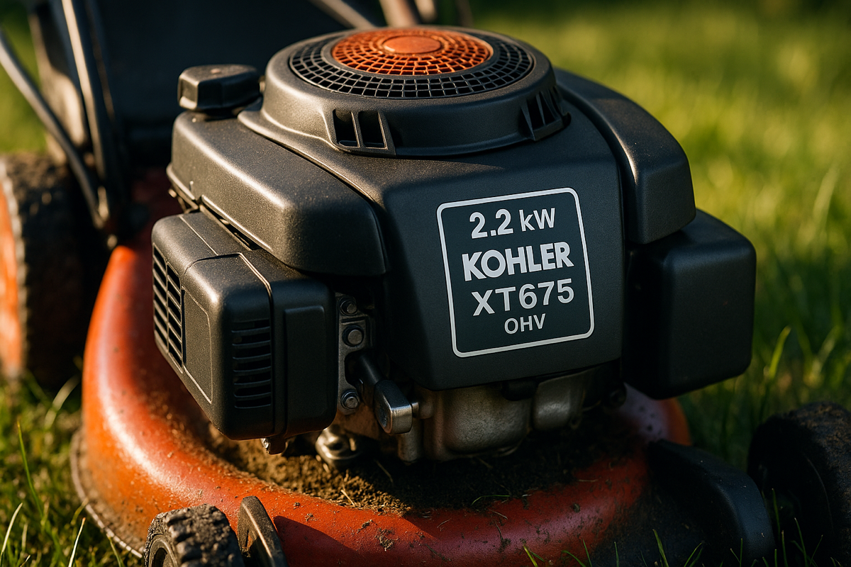 Lähikuva tehokkaasta bensiinimoottorista ruohonleikkurissa, kirkkaassa päivänvalossa.