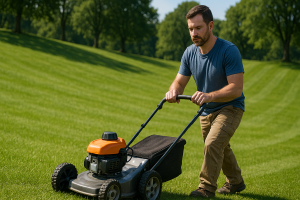Valokuvaa muistuttava kuva henkilöstä ilmaamassa vihreää nurmikkoa piikkirullalla.