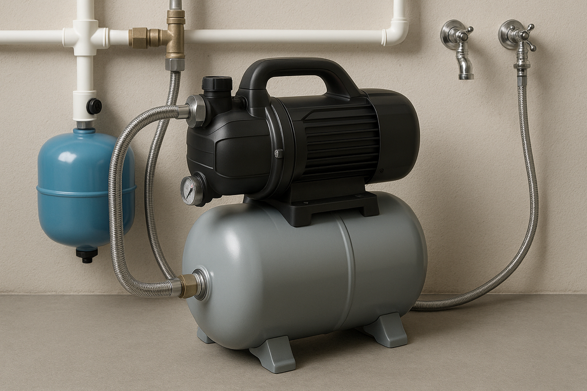 Vesiautomaatti kodin teknisessä tilassa – paineen ylläpito talousvedelle.