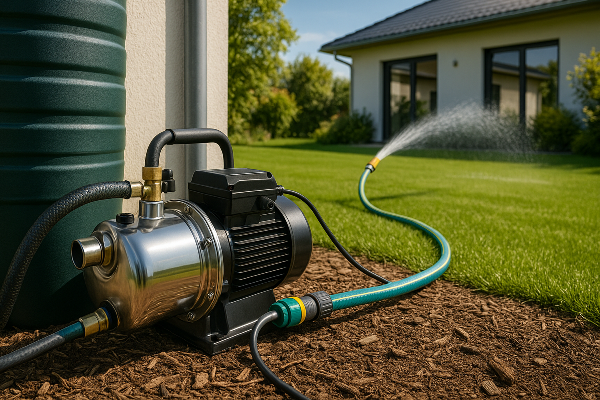 Vesipumppu pumppaamassa vettä sadevesitynnyristä puutarhan kasteluun – kodin vesipumput ja uppopumput.