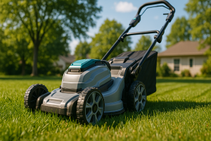 Akkukäyttöinen ruohonleikkuri leikkaa nurmikkoa aurinkoisella pihalla — kuva paras akkuruohonleikkuri