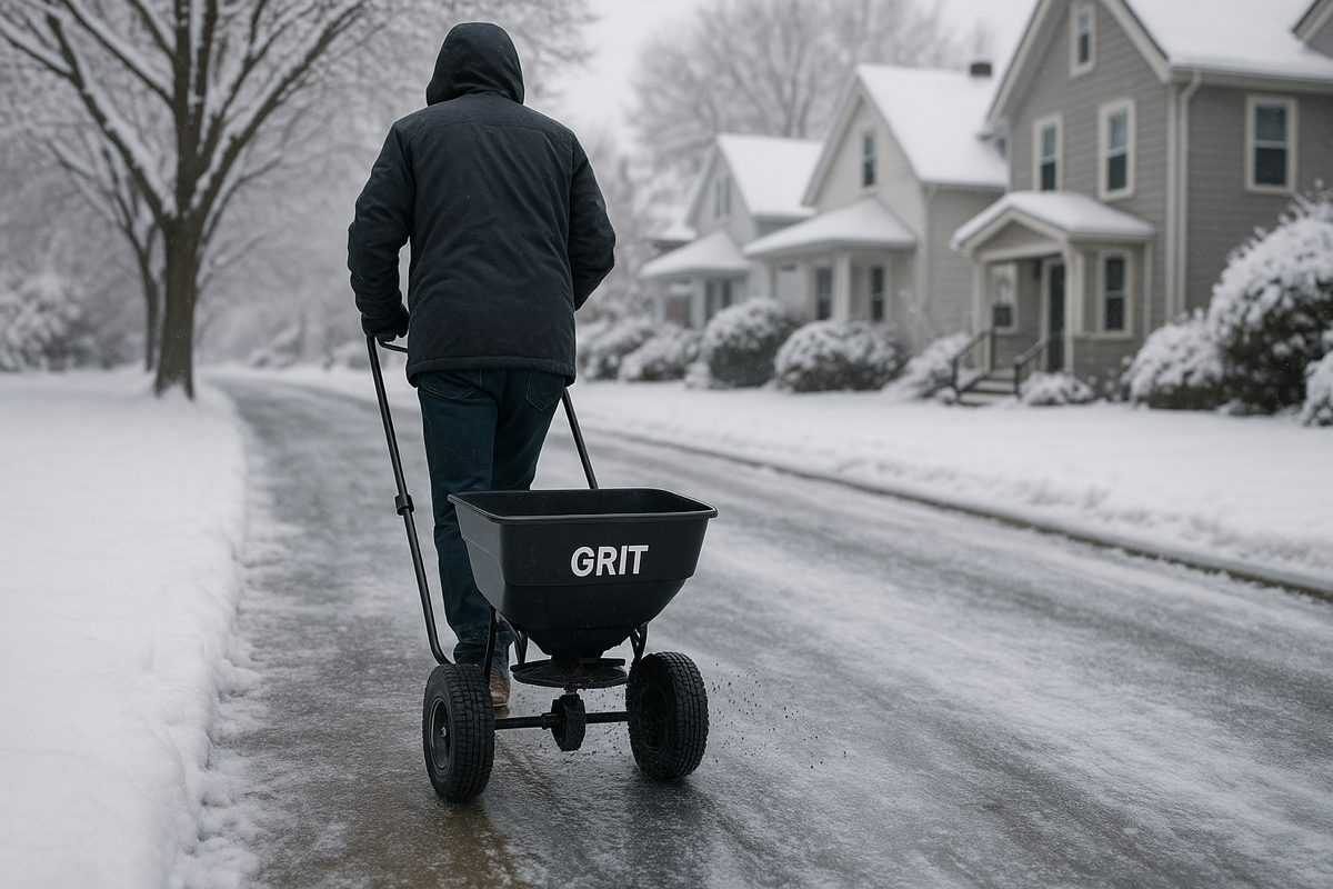 Henkilö työntää hiekoitinta jäisellä jalkakäytävällä, hiekkaa leviää tielle — kuva paras hiekoitin