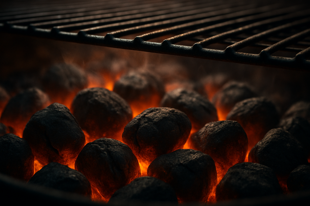 Hehkuvat hiilet hiiligrillin sisällä lähikuvassa — kuva paras hiiligrilli