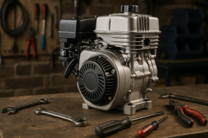 Irtomoottori työpöydällä korjaamossa, moottorin osat selvästi esillä — kuva paras irtomoottori