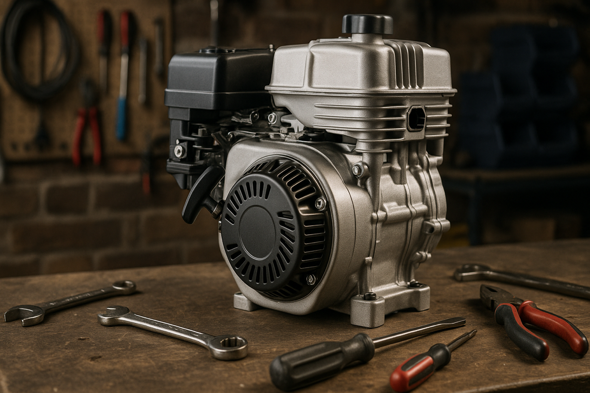 Irtomoottori työpöydällä korjaamossa, moottorin osat selvästi esillä — kuva paras irtomoottori