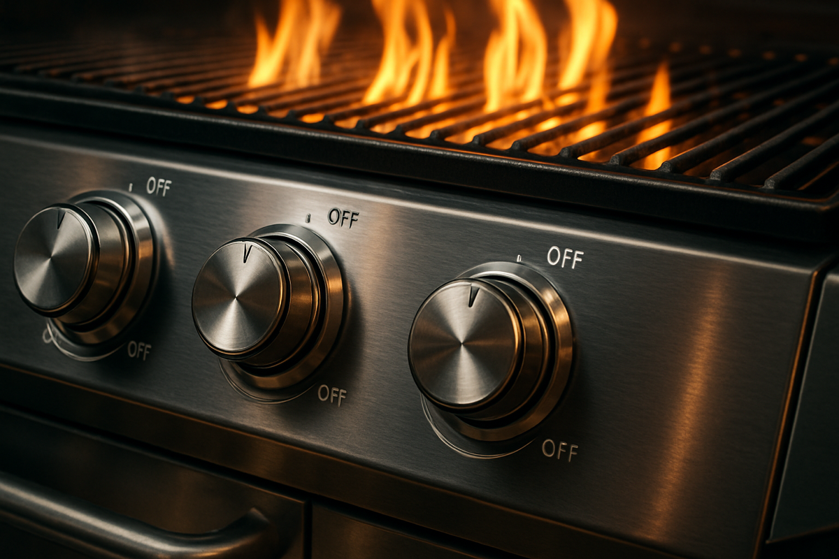 Kaasugrillin säätimet ja liekit näkyvissä lähikuvassa — kuva paras kaasugrilli