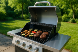 Kaasugrilli kuumana terassilla, kansi auki ja ruoka paistumassa — kuva paras kaasugrilli