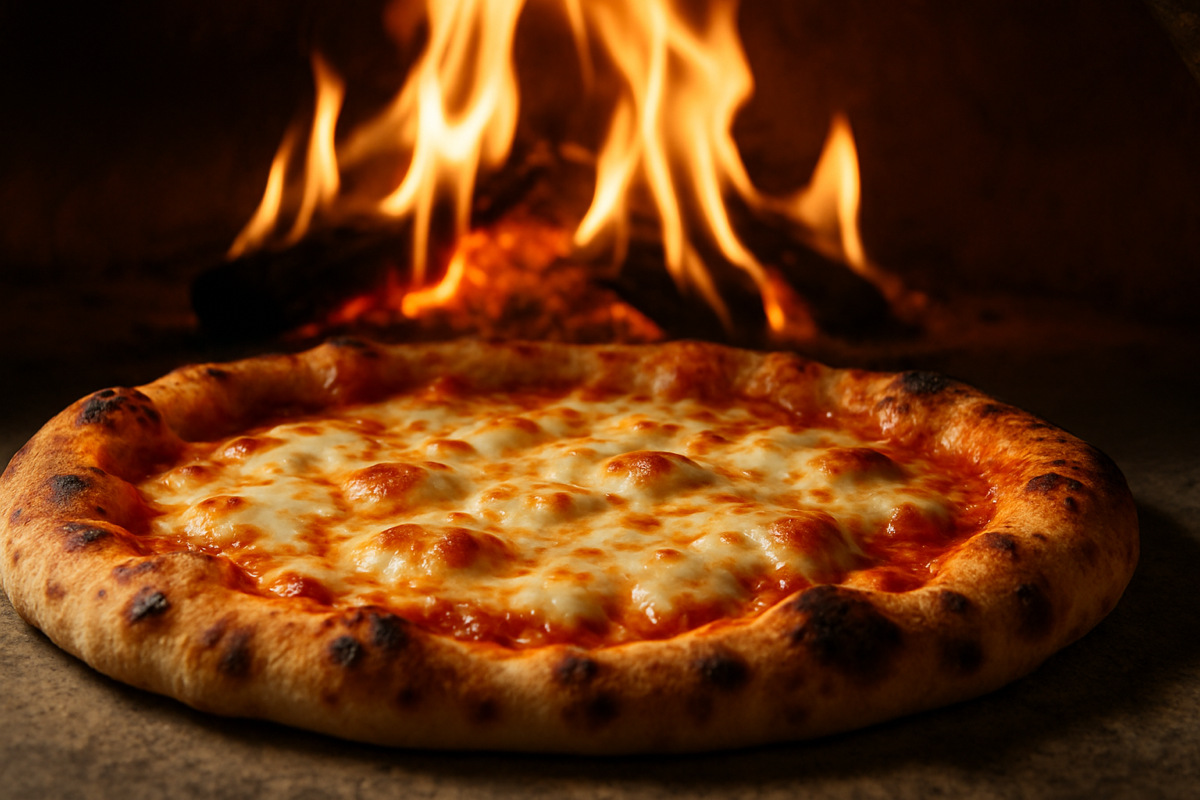 Pizza paistuu pizzauunissa, juusto kuplii ja liekit näkyvät taustalla — kuva paras pizzauuni