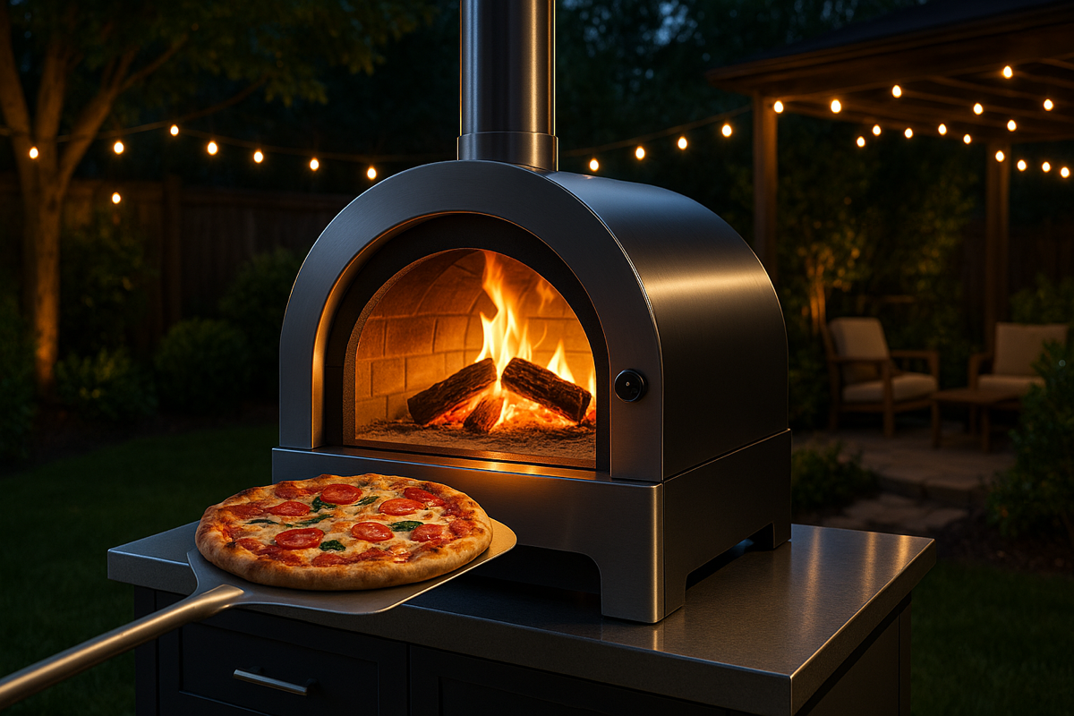 Puulämmitteinen pizzauuni pihalla, valmis pizza otetaan ulos — kuva paras pizzauuni