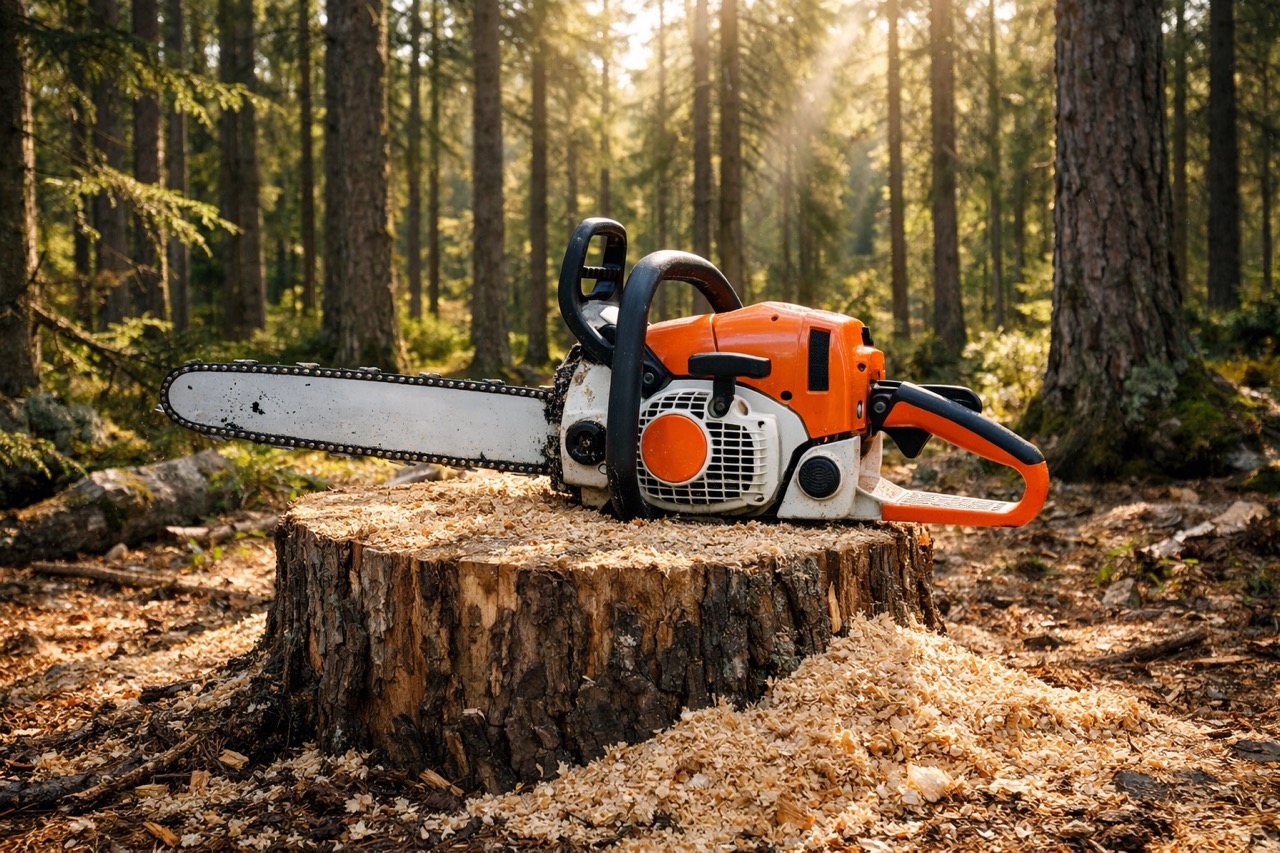 Moottorisaha puun kannon päällä